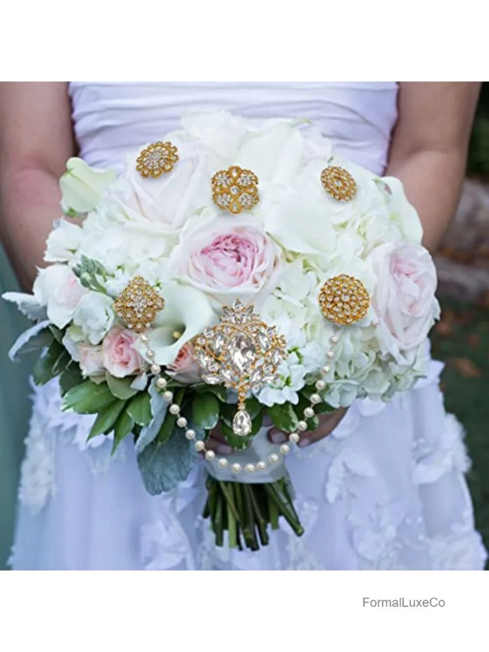 14 Pcs Rhinestone Brooch Pin Set Pearl Chain Bridal Bouquet Kit Gold